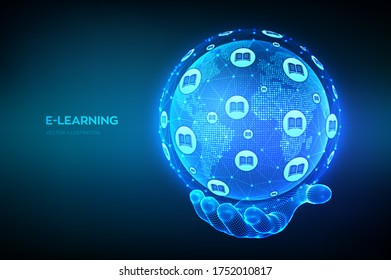 E-learning. Innovative online education technology concept. World map point and line composition. Earth planet globe in hand. Webinar, online training courses. Skill development. Vector illustration.