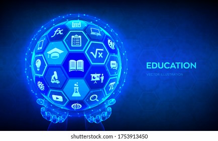 E-learning. Concepto innovador de tecnología educativa en línea. Seminario web, enseñanza, cursos de formación en línea. Desarrollo de habilidades. Resumen de esfera 3D con superficie de hexágonos con iconos en las manos. Vector.