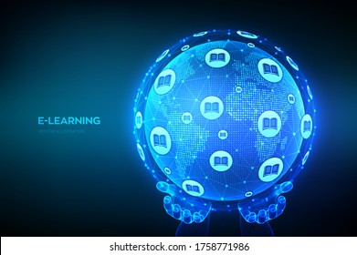 E-learning. Innovative online education technology concept. World map point and line composition. Earth planet globe in hands. Webinar, online training courses. Skill development. Vector illustration.