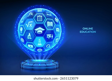 E-learning Conceito inovador de tecnologia de educação online. Aprendizagem online. Plataforma holográfica com raios brilhantes projetando esfera com superfície hexagonal e ícones digitais. Ilustração vetorial.