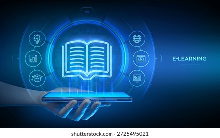 Aprendizaje electrónico. Concepto innovador de tecnología de educación en línea. Educación remota a través del App de teléfonos inteligentes. Educación a distancia con App móvil. Webinar, enseñanza, cursos de formación online. Ilustración vectorial.
