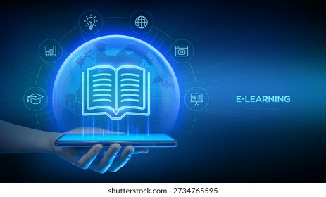 E-learning. Innovative online education technology concept. Remote education via smartphone app. Distance education with mobile app. Webinar, teaching, online training courses. Vector illustration.