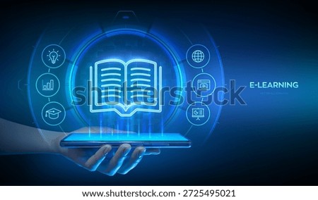 E-learning. Innovative online education technology concept. Remote education via smartphone app. Distance education with mobile app. Webinar, teaching, online training courses. Vector illustration.