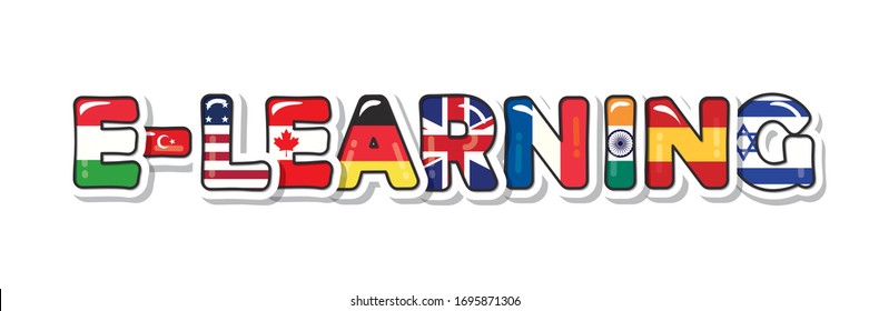 E-learning inscription. Flags of countries that are most affected by the coronavirus. Distance education due the quarantine. Motivational banner. Vector illustration