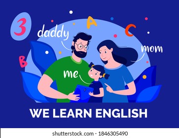 E-learning. Internet courses. Home schooling. English for children. Vector flat cartoon illustration for educational site.