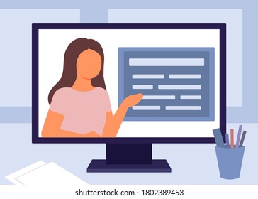 E-learning, internet education. Teacher video communication on computer. Home school, distance learning, online course concept. Vector flat illustration