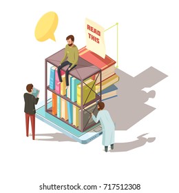 E-learning isometric composition with students near shelves with books on mobile device screen 3d vector illustration 