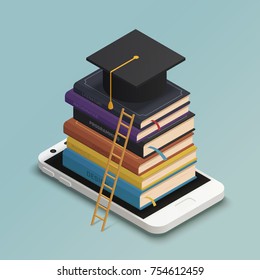 Composición isométrica e-learning con libros de texto smartphone y tapa de graduación en ilustración 3d de fondo azul vectorial