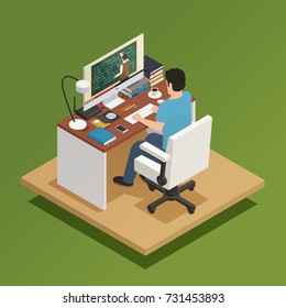 Elearning Isometric Composition With Young Man Sitting Home At Computer And Receiving Distance Learning Vector Illustration