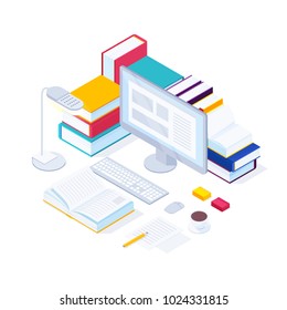 E-learning isometric concept. 3d pile of books next to a computer, open book, lamp, smartphone. Workplace learning. Online education. Vector illustration.