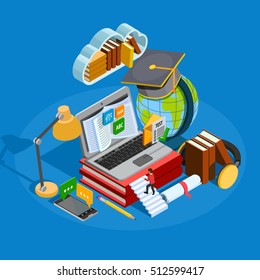  E-learning isometric concept with education symbols on blue background isometric vector illustration 