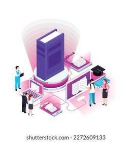 Elearning isometric concept with gadgets online books and characters of students 3d vector illustration