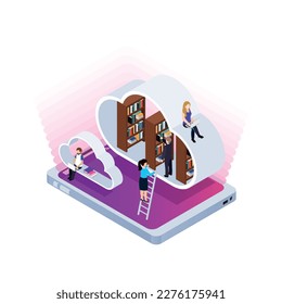 Elearning isometric concept with students using virtual cloud library 3d vector illustration