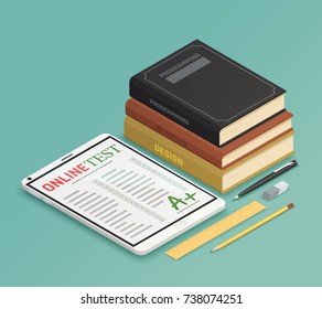 Elearning isometric design concept with online test sheet and stack of textbooks on programming 3d modeling and design vector illustration 