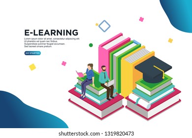 e-learning isometric vector illustration concept.  can use for, template, ui, landing page,  hero header, mobile app, banner, poster, flyer - Vector