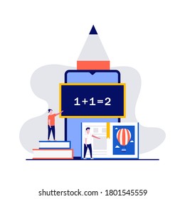 E-learning for kids concept with characters. Online early childhood education courses. Online preschool games, home schooling. Modern vector illustration in flat style for landing page, hero images.