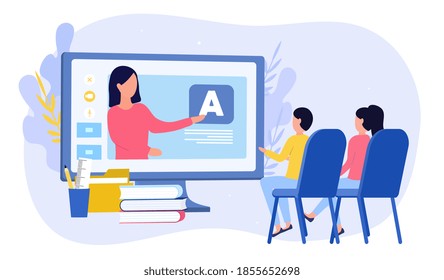 E-learning for kids concept. Online early childhood education courses. Free online preschool games, home schooling. Woman teacher on screen, preschoolers at distance learning. Flat vector illustration