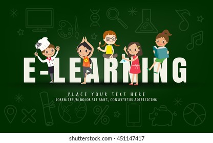 e-learning kids education course concept on chalkboard background vector illustration