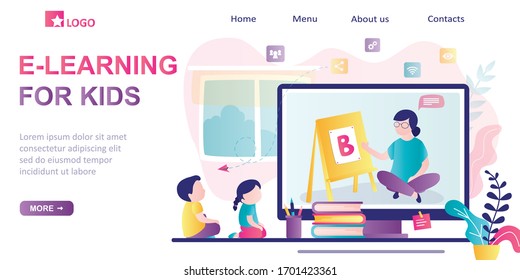 E-learning for kids, landing page template. Online early childhood education courses. Free online preschool games, home schooling.Woman teacher on screen, preschoolers at distance learning. Vector