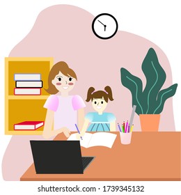 E-learning for kids, landing page template. Online early childhood education courses.  home schooling.preschoolers at distance learning. Mother and daughter learning at home. Vector