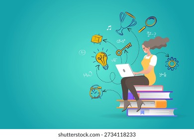 E-learning and knowledge management concept with woman on books. Student girl studying online with a laptop and creative learning icons for academic success and digital education.