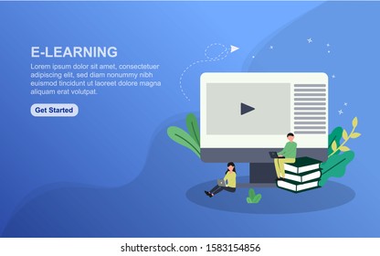 E-Learning landing page template. Flat design concept of web page design for website. Easy to edit and customize