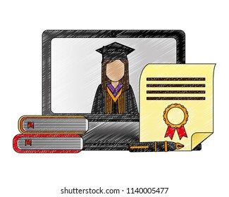 elearning laptop with diploma and books