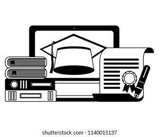 elearning laptop with hat graduation and books