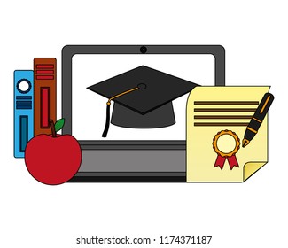 elearning laptop with hat graduation and books