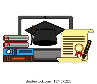 elearning laptop with hat graduation and books