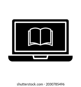 E-Learning. Laptop and open book, symbol of online learning. Study from home. Isolated on a blank, editable and changeable background.