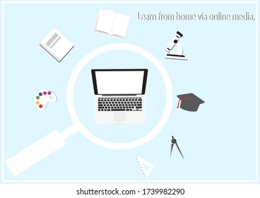 E-learning .Learn at home, online students, study on a laptop.
Tools for study, pencil, compasses, microscope, book Color mixing palette.