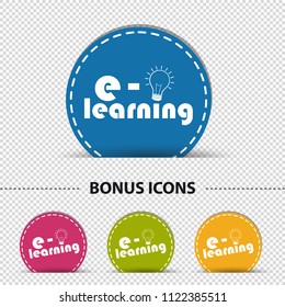 e-Learning And Lightbulb - Four Colorful Round Buttons - Vector Illustration - Isolated On Transparent Background