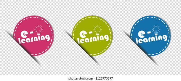e-Learning And Lightbulb - Three Colorful Round Buttons - Vector Illustration - Isolated On Transparent Background