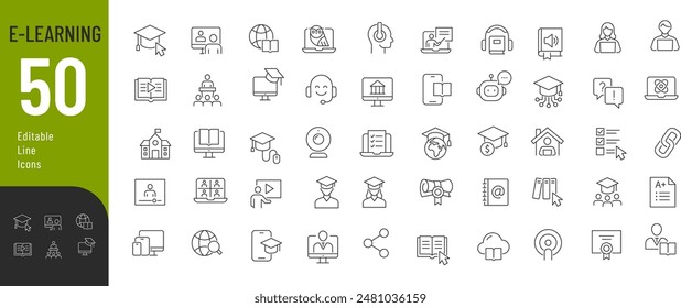 
E-Learning Line Editable Icons set. Vector illustration in modern thin line style of education related icons: online lecture, video call, testing, diploma, and more. 