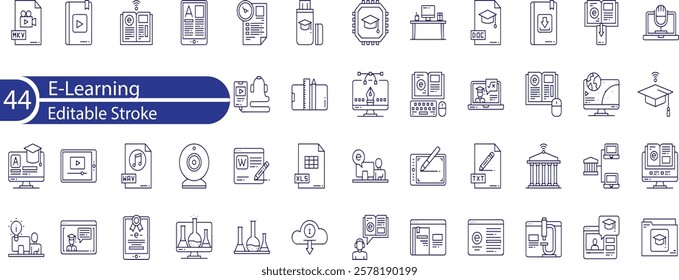 E-Learning Line Editable Icons set. Vector illustration in modern thin line style of education related icons, online lecture, video call, testing, diploma, and more.