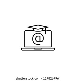 E-learning line icon. Online internet education symbol. graduation cap on laptop screen. digital graduate business sign. logo for web site, mobile app, UI, infographic. Isolated vector illustration