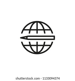 Elearning line icon. Pen, globe, planet. Online education concept. Can be used for topics like distance courses, studying abroad, communication.