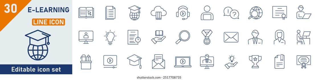Symbolsatz für E-Learning-Zeilen. Set von 30 Gliederungssymbolen in Bezug auf Online-Bildung und andere. Vektorgrafik.