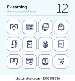 E-learning line icon set. Audio book, diploma, webinar. Education concept. Can be used for topics like studying online, technology, communication