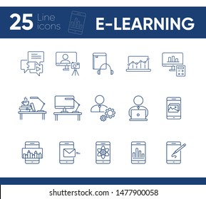 E-learning line icon set. Smartphone, computer, workstation. tutorial concept. Can be used for topics like web design, technology, education