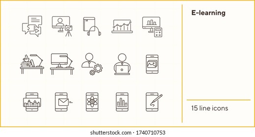 E-learning Line Icon Set. Smartphone, Computer, Workstation. Tutorial Concept. Can Be Used For Topics Like Web Design, Technology, Education