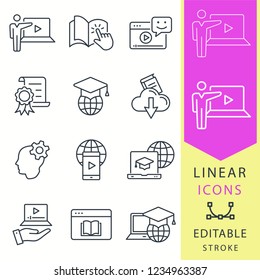 E-learning line icons. Set of education, webinar, distance, student, training and more. Vector illustration isolated for graphic and web design. Editable stroke - part 6.