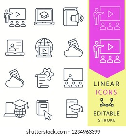 E-learning line icons. Set of education, webinar, distance, student, training, book and more. Vector illustration isolated for graphic and web design. Editable stroke - part 2.