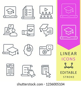 E-learning line icons. Set of education, webinar, distance, student, training, laptop and more. Vector illustration isolated for graphic and web design. Editable stroke - part 3.