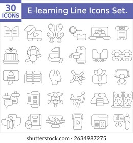  E-learning Line Icons Set. Education, Teaching, Online Study, Audiobook, Podcast, Video Course, Seminar, Library, Graduation Icons Editable Stroke Vector Illustration
