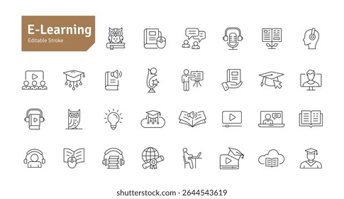 E-learning Line Icons Set. Education, Teaching, Online Study, Audiobook, Podcast, Video Course, Seminar, Library, Graduation Icons Editable Stroke Vector Illustration