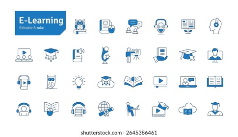 Conjunto de ícones de linha de e-learning. Educação, Ensino, Estudo Online, Audiobook, Podcast, Curso de Vídeo, Seminário, Biblioteca, Ícones de graduação Editável Ilustração de Vetor de Traço