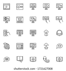 E-learning line icons set. Online education linear style symbols collection, outline signs pack. vector graphics. Set includes icons - audiobook, webinar, graduation cap, distance learning, university