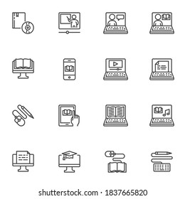 Juego de iconos de línea de aprendizaje electrónico, colección de símbolos de vector de contorno, paquete de pictogramas de estilo lineal. Ilustración del logotipo de los carteles. El juego incluye iconos como educación a distancia, aprendizaje en línea en el hogar, lectura de ebook, laptop